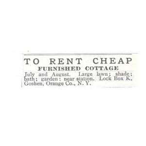 Furnished Cottage To Rent K Goshen Orange County NY 1903 Magazine Ad SAG6-S26